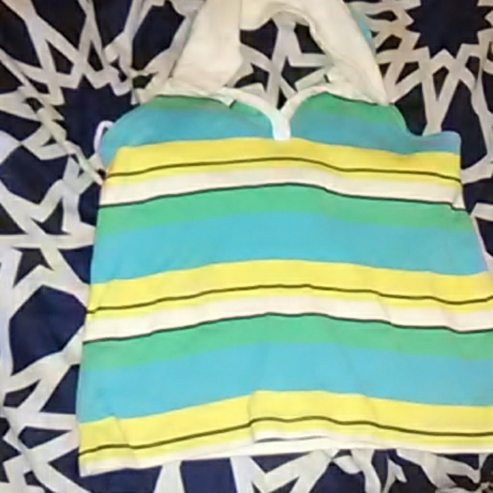 A yellow blue and white collar crop top
